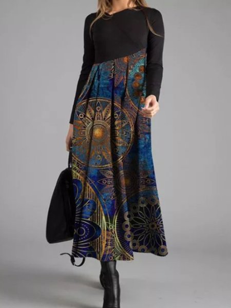 Crew Neck Paisley Casual Knitting Dress, Blue, Maxi Dresses