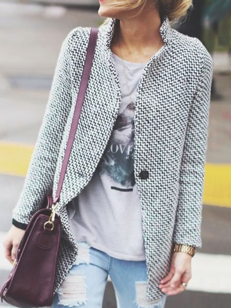

Stand Collar Plain Fashion Outerwear, Gray, Outerwear