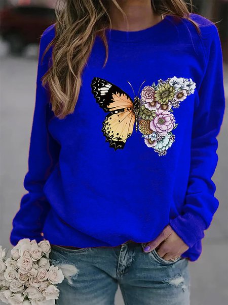 

Hippie Crew Neck Butterfly Printed Long Sleeves Sweatshirt, Blue, Hoodies & Sweatshirts