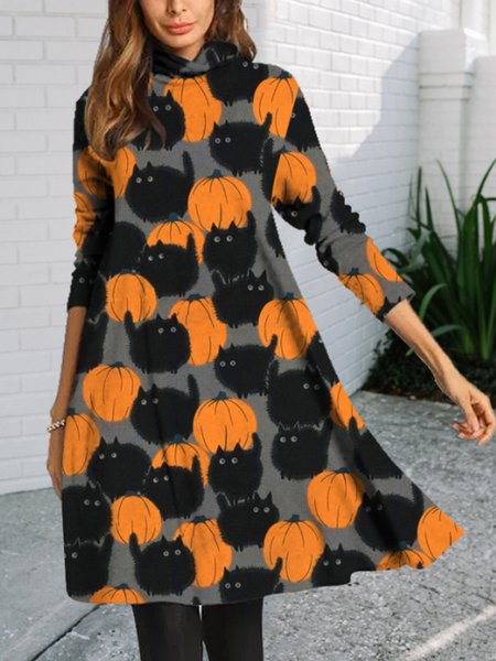 

Black Cat Causal Halloween Dresses, As picture, Print Dress