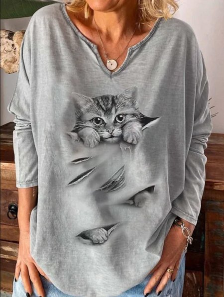

Cat Printed Casual T-shirt, Gray, T-Shirts