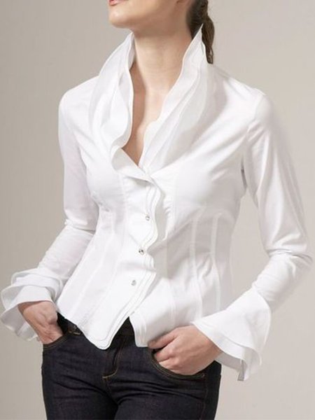 

Long Sleeve Elegant Solid Stand Collar Shirt, White, Blouses and Shirts