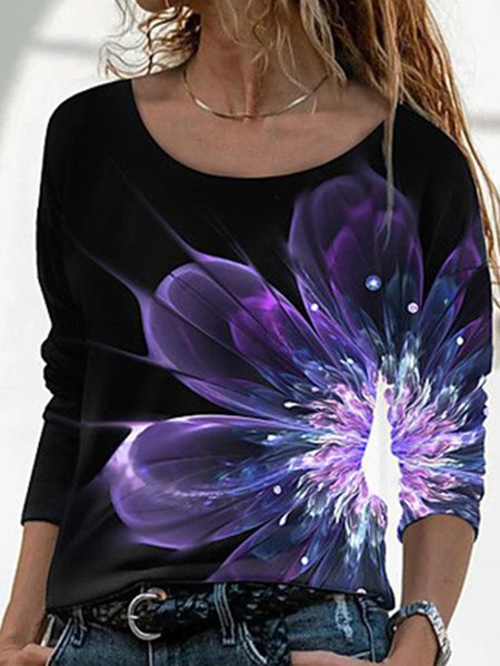 

Floral Cotton Blends Casual Shirts & Tops, Black, T-Shirts