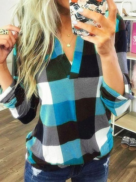 

Controllato/Plaid Cotone miscele Casuale Top, Celeste, Blouses & Shirts