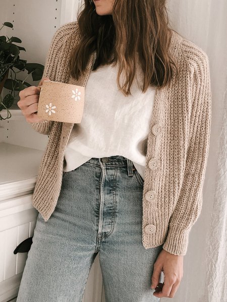 

Casual Solid V-neck Long Sleeve Knit Sweater Cardigan, Khaki, Cardigans