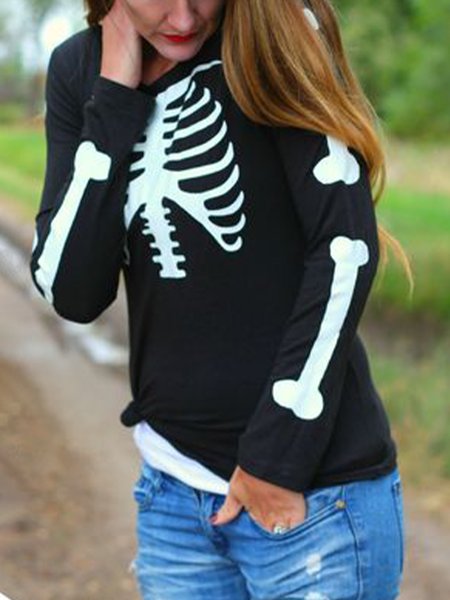 

Crew Neck Long Sleeve Skull Halloween Top, Black, Tops