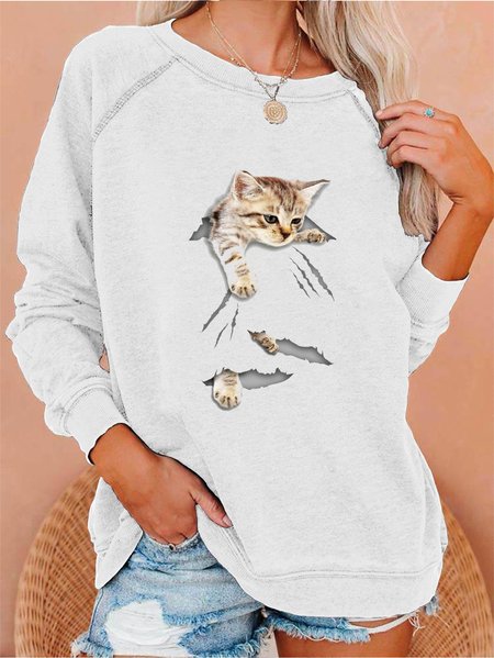 

Cat Printed Crew Neck Sweatshirt, White, Hoodies&Sweatshirts