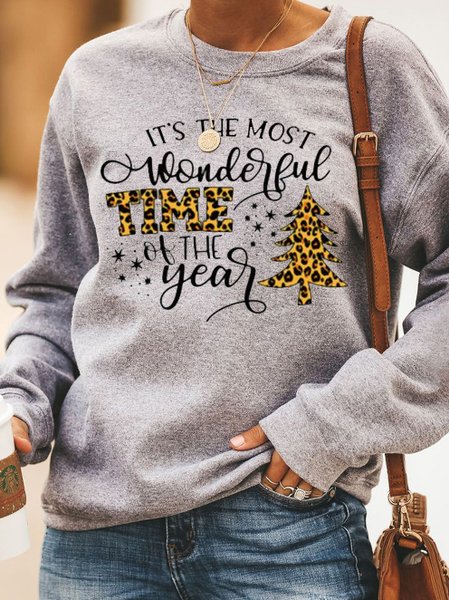 

Christmas print round neck long-sleeved sweatshirt, Gray, Hoodies&Sweatshirts