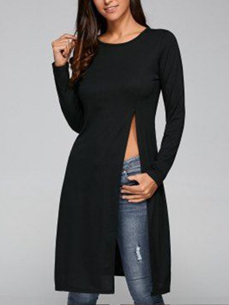 

Crew Neck Long Sleeve Plain Top, Black, Tops