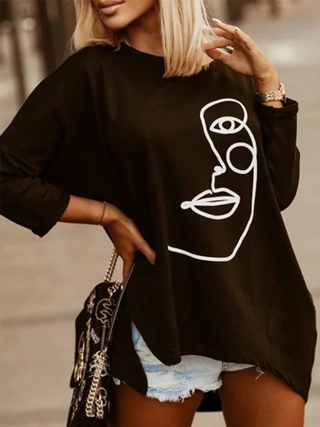 

Vintage Abstract Face Printed Crew Neck Long Sleeve Plus Size Casual Tops, Black, T-Shirts