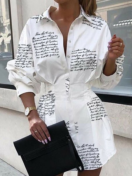 

Casual Shirt Collar Long sleeve Weaving Dress, White, Mini Dresses