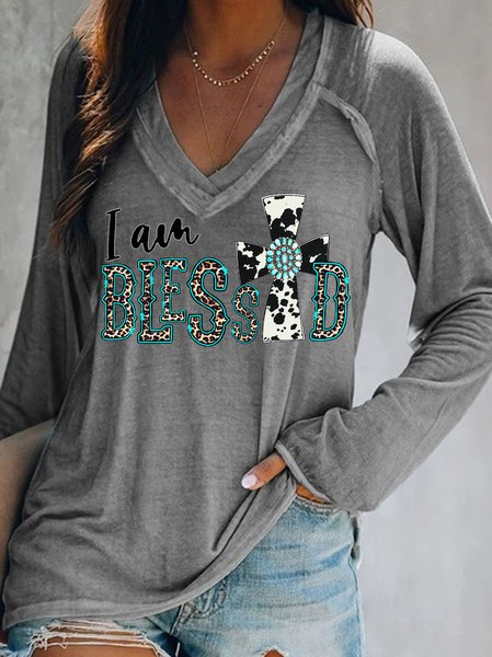 

I am blessed Cross print V-neck long-sleeved Sweatshirts, Gray, Long sleeves