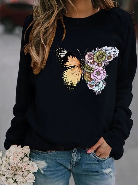 

Hippie Crew Neck Butterfly Printed Long Sleeves Sweatshirts, Black, Hoodies & Sweatshirts