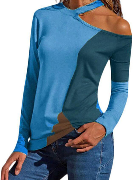 

Casual Patchwork Off The Shoulder Shirts & Tops, Blue, T-Shirts