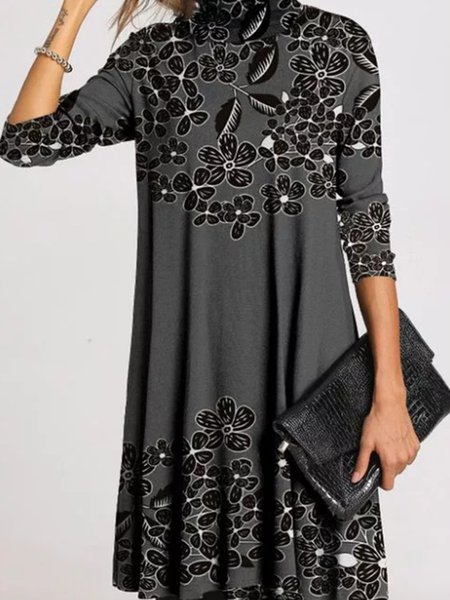 

Cotone miscele alto Collo Allentare Abito, Grigio, Midi Dresses