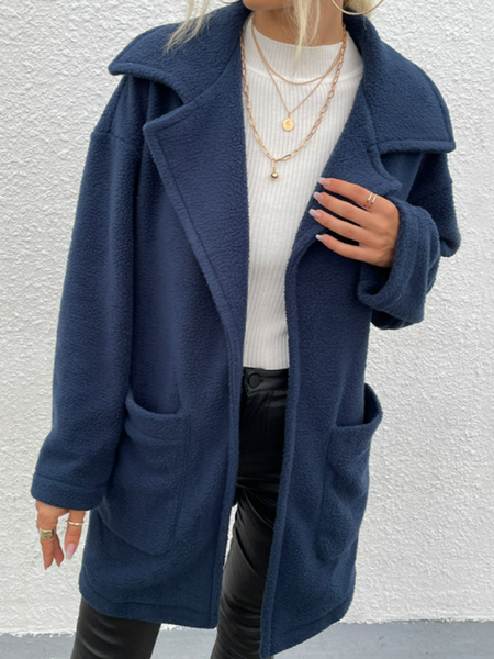 

Women's suit collar solid women's long Plush coat, Navy blue, Coats