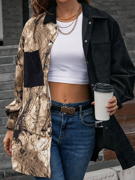 

Casual loose Leopard Print Long Sleeve color matching single breasted medium long shirt large women's shirt blouse women's shirt, Camel, Coats