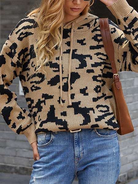 

Casual loose leopard drawstring hooded top sweater women, Khaki, Sweaters