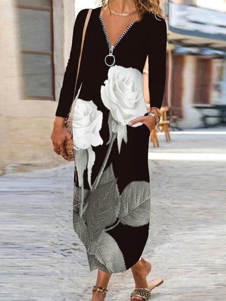 

Vintage Stampata Floreale Scollo a V Maniche Lunghe Cerniera taglia grande Gonna Casuale, Nero, Maxi Dresses
