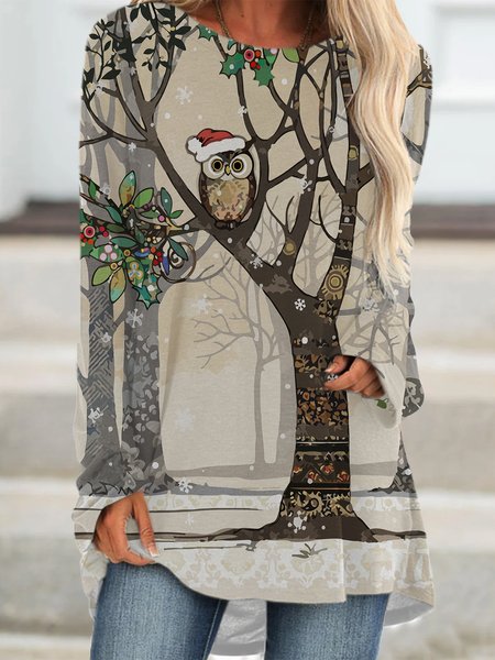 

Santa Owl Tree Women‘s Crew Neck Casual Loosen Dresses, As picture, Dresses