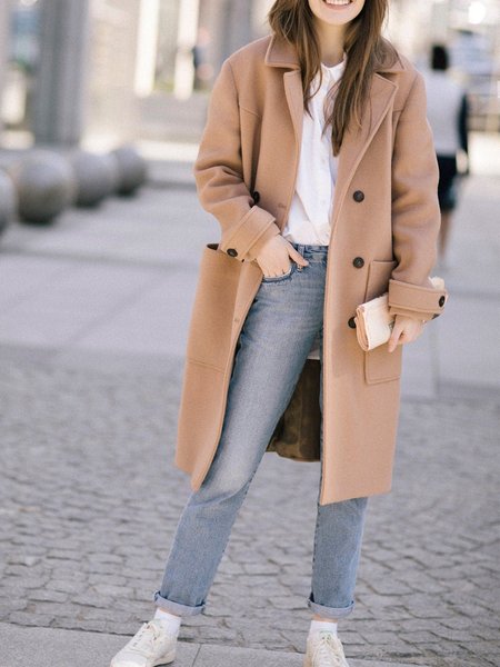 

Loosen Simple Outerwear, Khaki, Coats