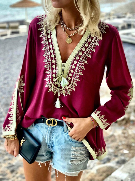 

Casual V Neck Shirts & Tops, Crimson, Tops