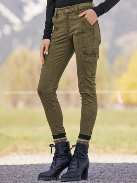 

Slim Fit Pockets Cotton Pants, Army green, Pants