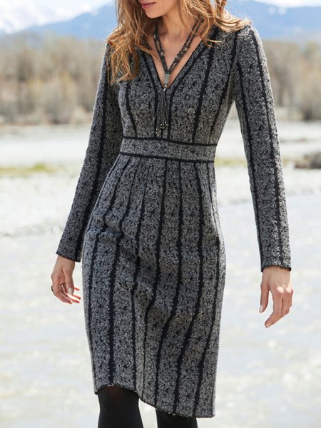

Casual V Neck Striped Dresses, Gray, Casual Dresses