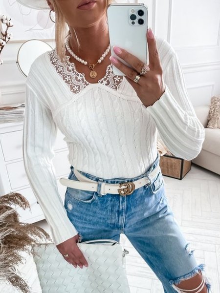 

V-shaped stitching lace sweater, White, Sweaters
