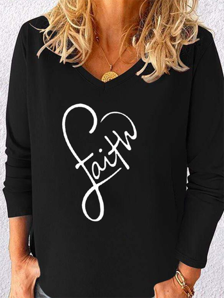

Letter Long Sleeve V Neck Casual Shirts & Tops, Black, T-Shirts