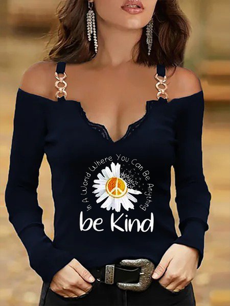 

Vintage Be Kind Daisy Printed Lace V Neck Long Sleeves Plus Size Casual Tops, Black, T-Shirts