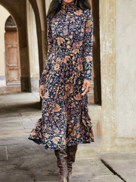 

Floral Slim Fit Cotton Dresses, Purplish blue, Maxi Dresses