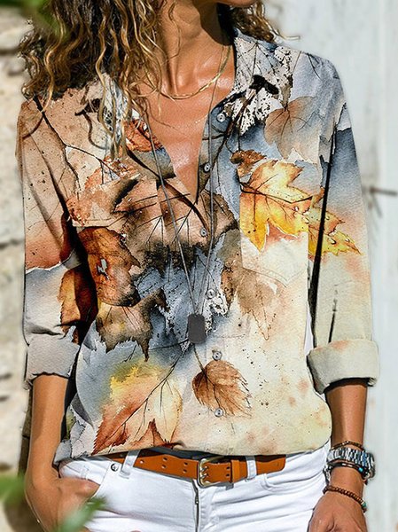 

Vintage Leaf Print Ladies Shirts & Tops, As picture, Blouses