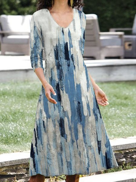 

New Women geometric stripe gradient printed V-Neck long sleeve knitted elastic dress, Blue, Midi Dresses