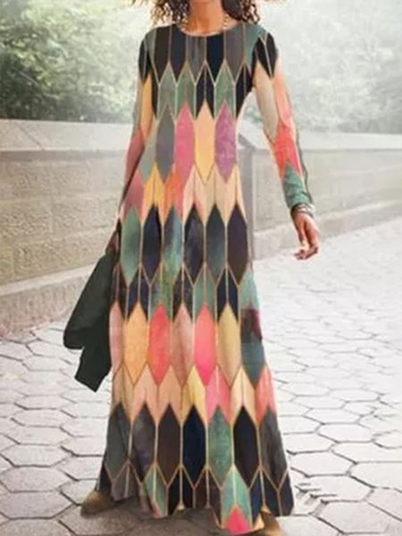 

Geometric Loosen Dresses, Red-blue, Maxi Dresses