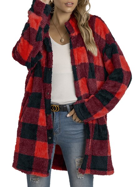 

Casual Shirt Plush Collar Plaid Shacket Coat, Reddish black, Jackets& Coats