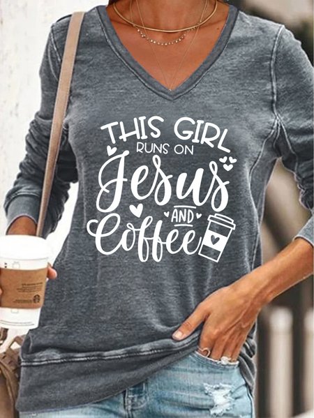 

Casual and simple letter print V-neck long-sleeved Sweatshirt, Gray, Hoodies&Sweatshirts