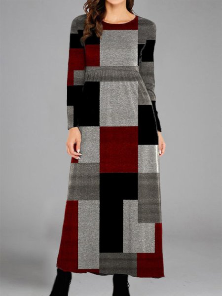 

Casual Color Block Printed Long sleeve Tunic Dresses, Multicolor, Maxi Dresses