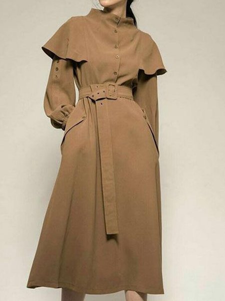 

Plain Long Sleeve Vintage Midi Dress, Yellow brown, Midi Dresses