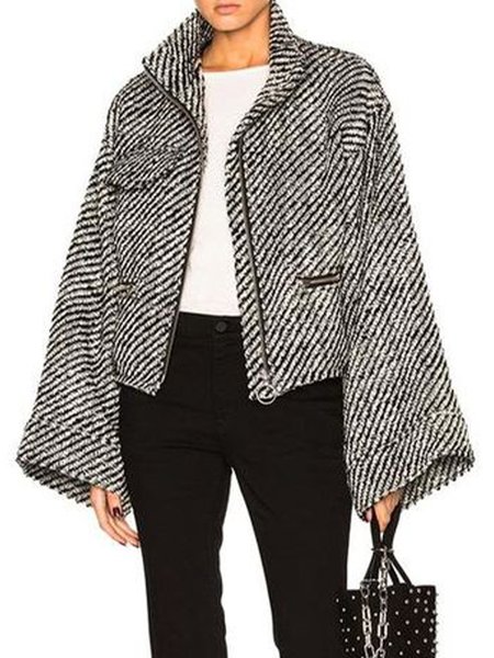 

Striped Stand Collar Elegant Jacket, As picture, Coats