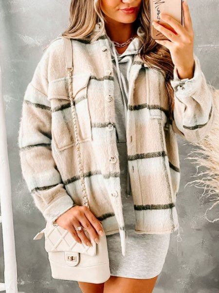 

Drop Shoulder Patch Pocket Button Placket Plaid Coat, As picture, Coats
