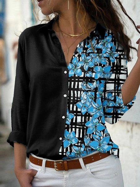 

Floral Statement Slim Fit Color Block Shirts & Tops, Black-blue, Shirts & Blouses