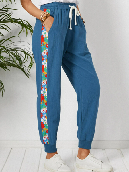 

Elastic waistband nine point collage Abstract plant flower printing Sweatpants, Blue, Pants
