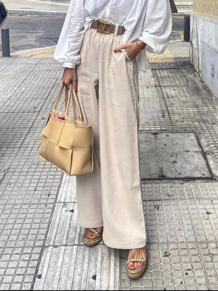 

Plain Cotton Blends Wide Leg Long Pants, White, Pants