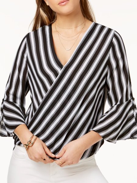 

Three Quarter V Neck Striped Loosen Top, Black-white, Blouses and Shirts