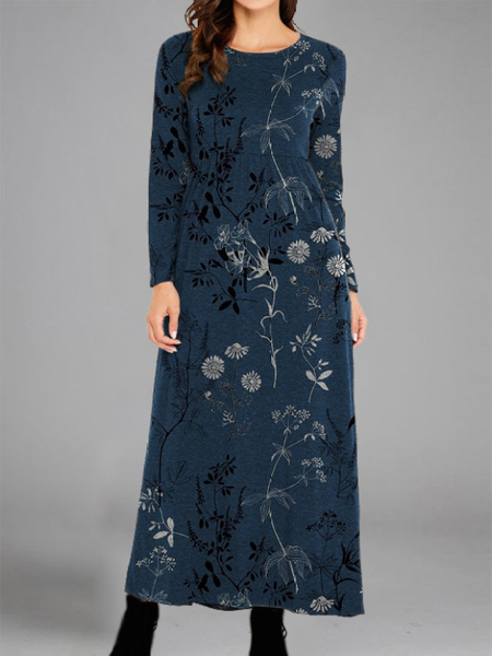 

Crew Neck Regular Fit Cotton Blends Knitting Dress, Navyblue, Floral Dresses