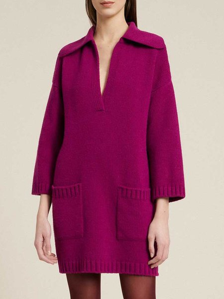 

Long sleeve Solid Henley Elegant Sweater Dress, Purple, Mini Dresses