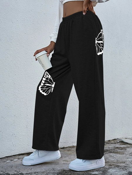 

Butterfly Pattern Cotton Blends Wide Leg Long Pants, Black, Pants