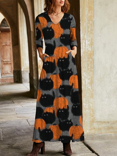 

Casuale Scollo a V Maniche Lunghe A-line Abito, Come immagine, Maxi Dresses