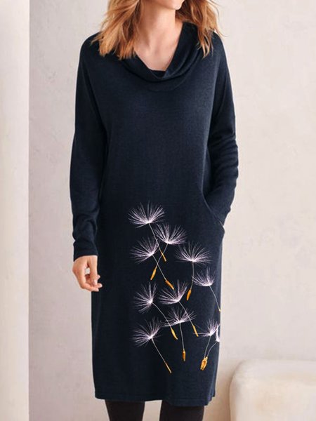 

Dandelion Printed Cowl neck Dresses, Deep blue, Midi Dresses